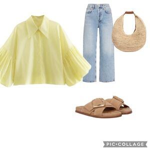 SHEIN Butter Yellow Aveloria Button Front Bishop Lantern Sleeves Shirt Sz Small